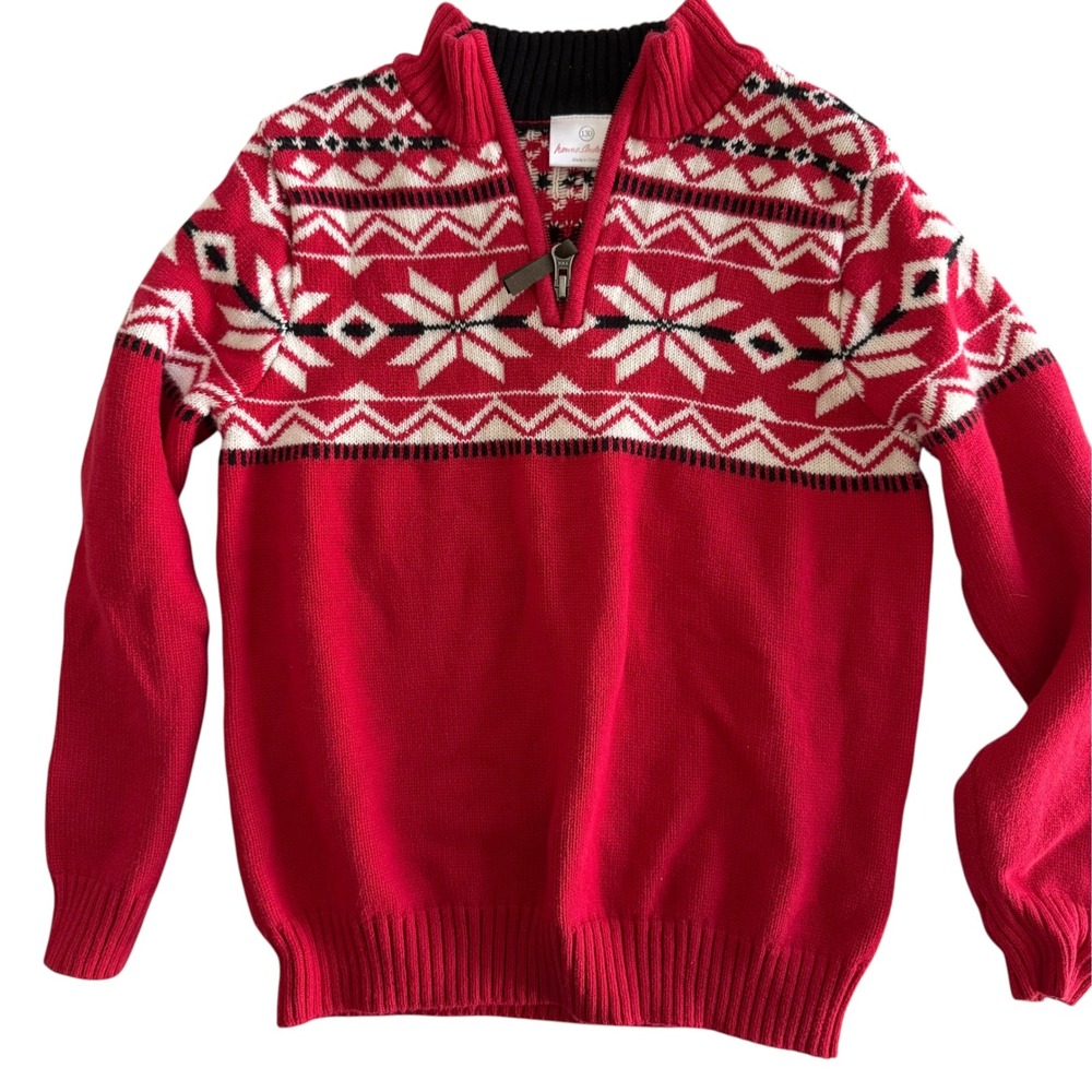 HANNA ANDERSSON Boys Red Nordic Holiday Quarter Zip Sweater, 8